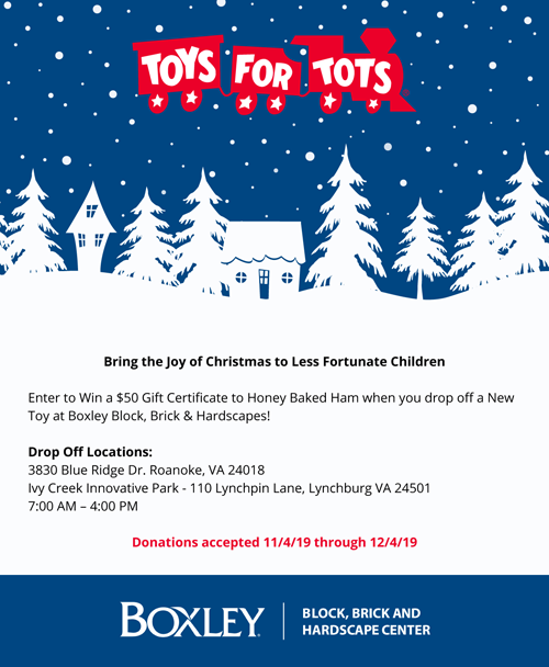 Toys for Tots flyer: drop off a new toy at our Roanoke or Lynchburg location from November 4 to December 4, 2019, to enter to win a $50 Honey Baked Ham gift certificate